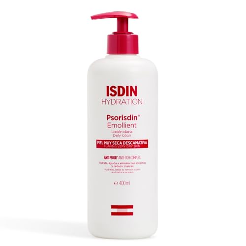 ISDIN Psorisdin Emollient, Loción diaria, hidrata, elimina escamas y reduce las rojeces de la piel de personas con psoriasis, 400ml