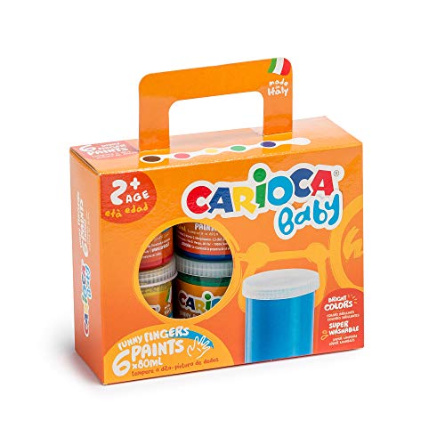 Carioca Baby Finger Paints, Juego de Pintura para niños, Kit de Pintura Lavable, Apto para Niños a Partir de 24 Meses, Pinturas para Dedos, Colores Surtidos, 6 Témperas de 80ml